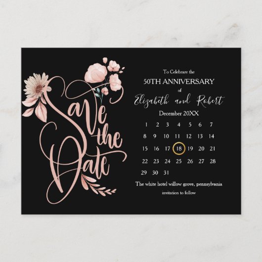 zwart en bloemig 50e Jubileum Save The Date Aankondigingskaart (Voorkant)