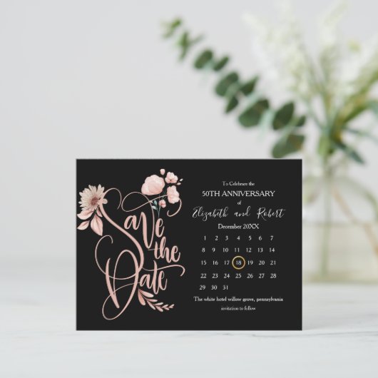 zwart en bloemig 50e Jubileum Save The Date Aankondigingskaart (Staand voorkant)