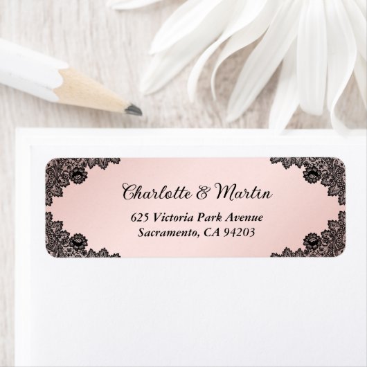 Zwart en blos bloemenkraam trouw retouradres etiket (Insitu)