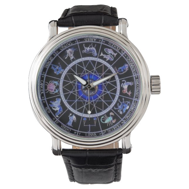 ZWART EN BLUE ZODIAC SIGN WRIST WATCH HORLOGE (Voorkant)