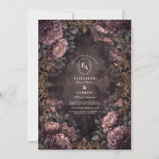 Zwart en Blush Barok Bloemen Huwelijk Kaart (Voorkant)