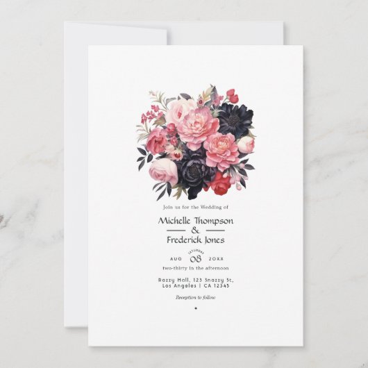 Zwart en Blush Bloemen Bruiloft Kaart (Voorkant)