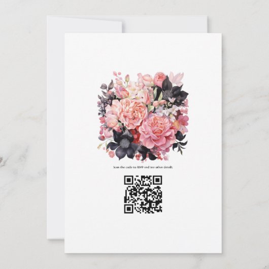 Zwart en Blush Bloemen Bruiloft Kaart (Achterkant)