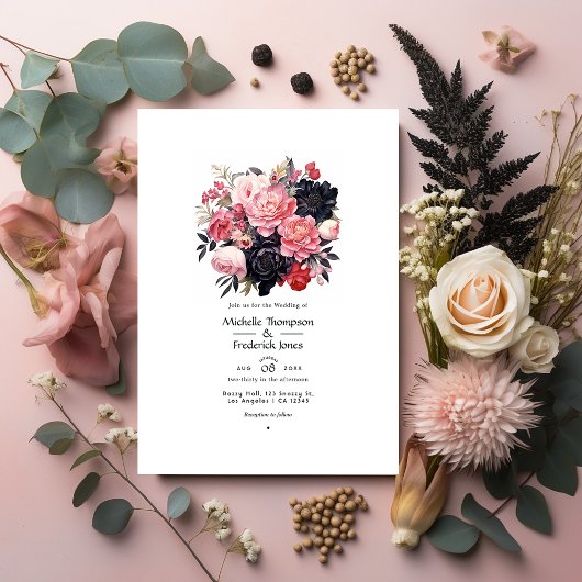 Zwart en Blush Bloemen Bruiloft Kaart