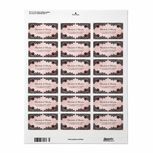 Zwart en Blush Bloemen Kant Trouwen Etiket (Full Sheet)