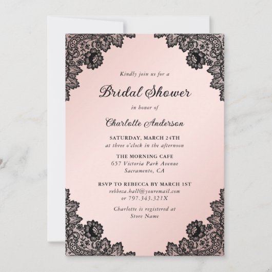 Zwart en Blush Bloemen Kant Vrijgezellenfeest Kaart (Voorkant)