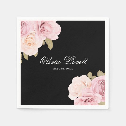 Zwart en Blush Roses Chic Vrijgezellenfeest Servet (Voorkant)