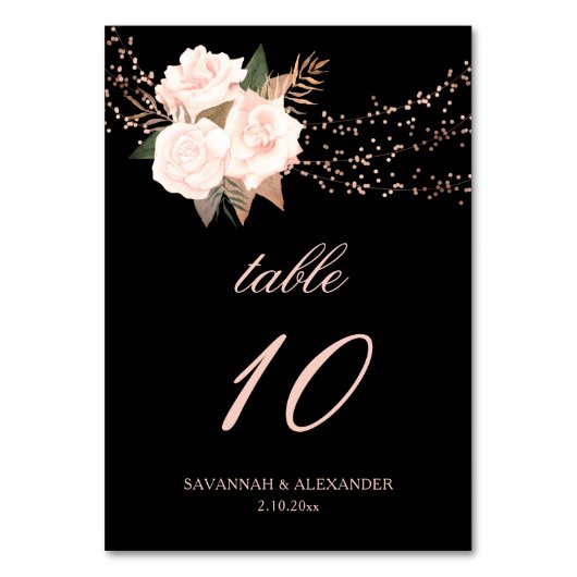 Zwart en Blush Roze Bloemen String Lights Wedding Kaart (Achterkant)