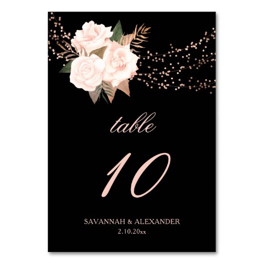 Zwart en Blush Roze Bloemen String Lights Wedding Kaart (Voorkant)