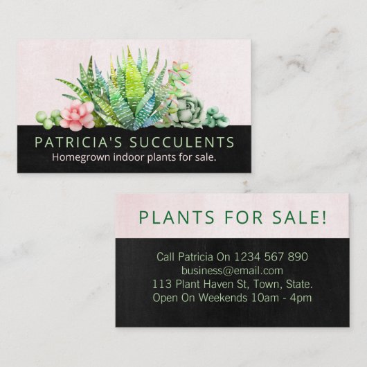Zwart en Blush Roze Homegrown Succulent Plant Visitekaartje (Voorkant / Achterkant)
