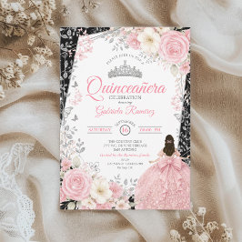 Zwart en Blush Roze Quinceañera Zilveren Vlinder Kaart