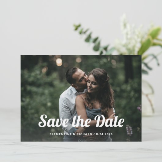 Zwart en Boho script | Twee foto's en QR-code Save The Date (Staand voorkant)