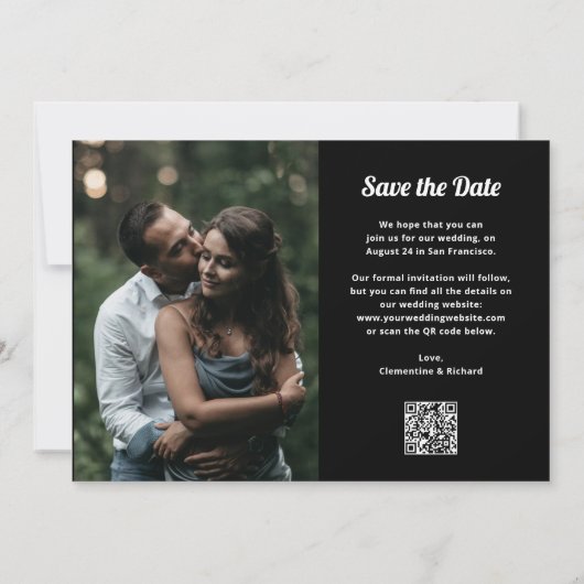 Zwart en Boho script | Twee foto's en QR-code Save The Date (Achterkant)
