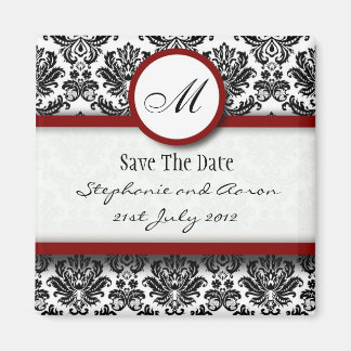 Zwart en Bourgogne Damask Monogram bewaren de datu Magneet
