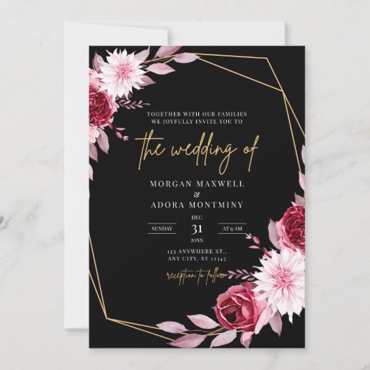 Zwart en Bourgogne Goud Geometrische Bruiloft Kaart (Voorkant)