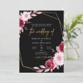 Zwart en Bourgogne Goud Geometrische Bruiloft Kaart (Staand voorkant)