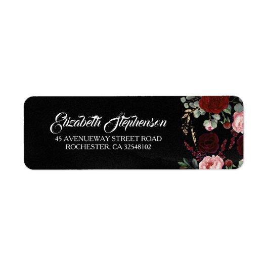 Zwart en Bourgogne Rood Bloemen Modern Chic Etiket (Voorkant)