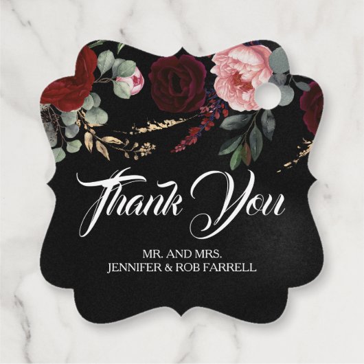 Zwart en Bourgogne Rood Bloemen Moderne Bruiloft Bedankjes Labels (Achterkant)