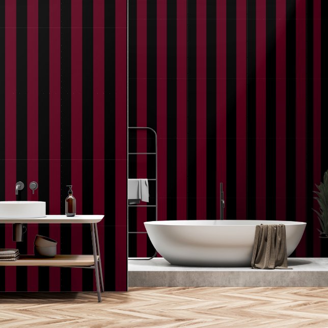 Zwart en Bourgogne rood Ultra Wide 4 inch Stripe Behang (Badkamer)