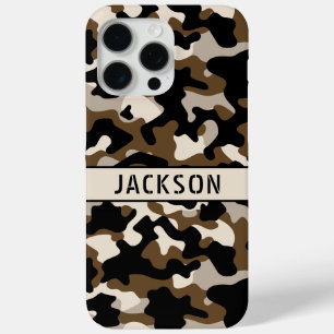 Zwart en bruin camouflage gepersonaliseerd iPhone 15 pro max hoesje