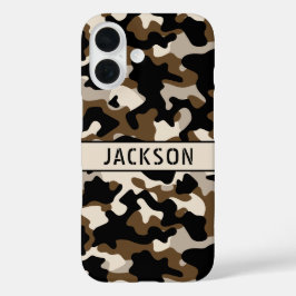 Zwart en bruin camouflage gepersonaliseerd iPhone 16 hoesje