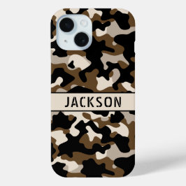 Zwart en bruin camouflage gepersonaliseerd iPhone 15 case