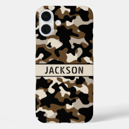 Zwart en bruin camouflage gepersonaliseerd iPhone 16 plus hoesje