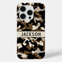 Zwart en bruin camouflage gepersonaliseerd iPhone 15 pro case