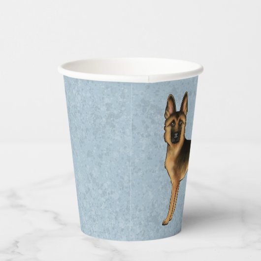 Zwart en bruin Duits herder cartoon hond op blauw Papieren Bekers (Rechts)