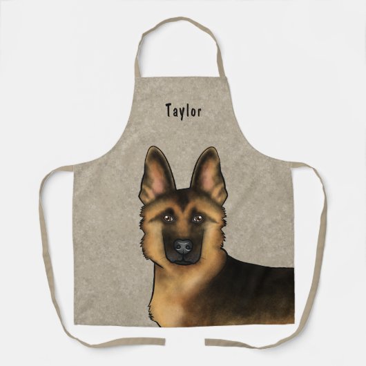 Zwart en bruin Duits Herder Hoofd en Naam Beige Schort (Voorkant)