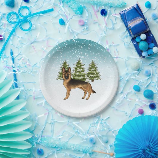 Zwart en bruin Duits herdershond Winterbos Papieren Bordje (Feest)