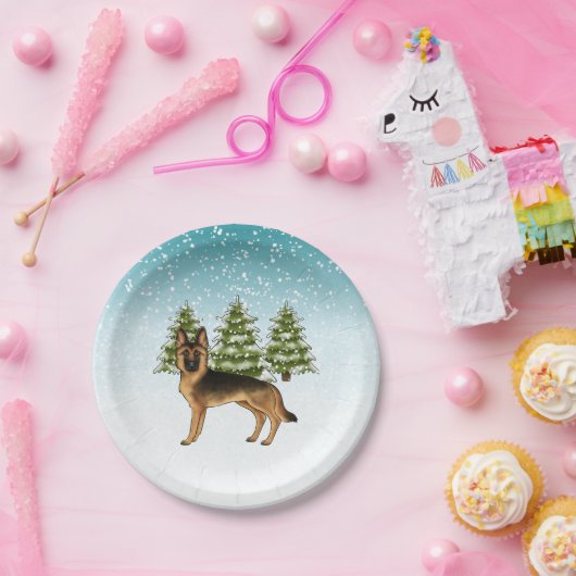 Zwart en bruin Duits herdershond Winterbos Papieren Bordje (Feest)