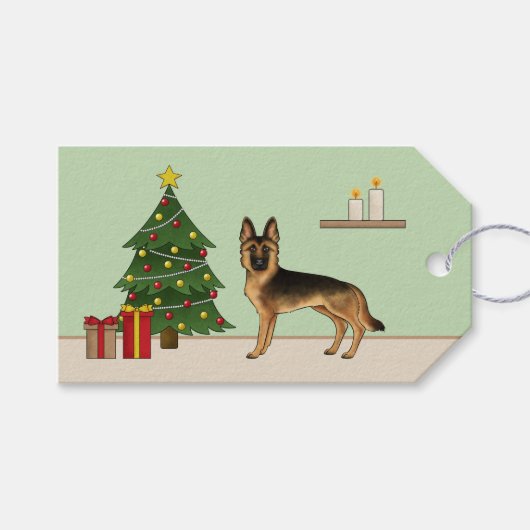 Zwart en bruin Duitse herder en een kerstboom Cadeaulabel (Voorkant (Horizontaal))
