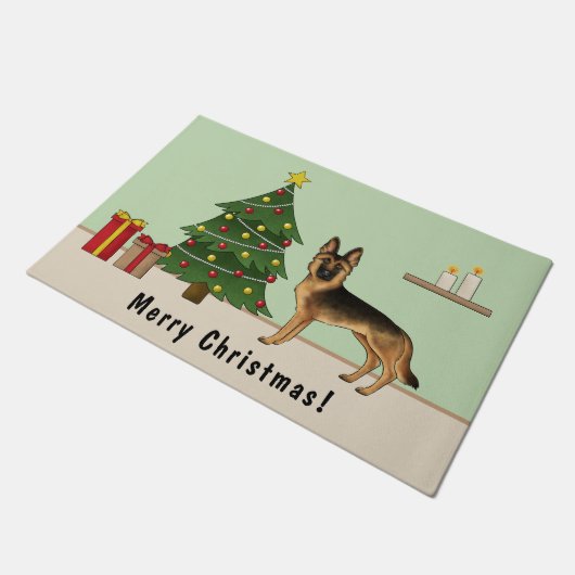 Zwart en bruin Duitse herder en een kerstboom Deurmat (Schuin)