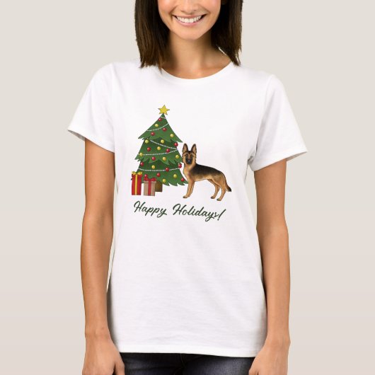 Zwart en bruin Duitse herder en een kerstboom T-shirt (Voorkant)
