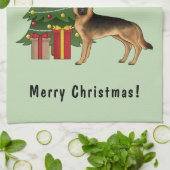 Zwart en bruin Duitse herder en een kerstboom Theedoek (Gevouwen)