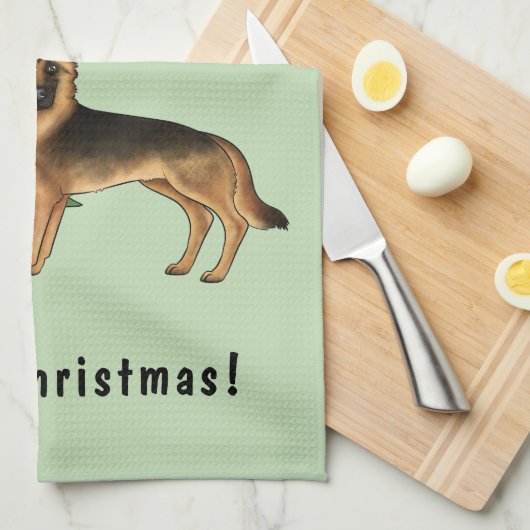 Zwart en bruin Duitse herder en een kerstboom Theedoek (Quarter Fold)