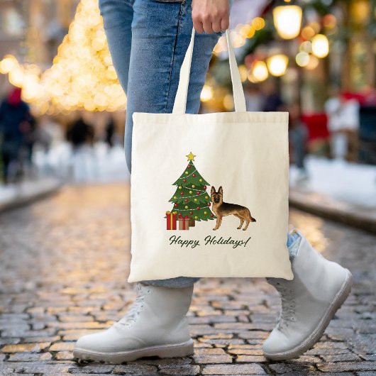 Zwart en bruin Duitse herder en een kerstboom Tote Bag