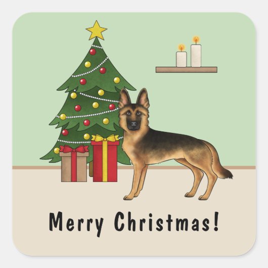Zwart en bruin Duitse herder en een kerstboom Vierkante Sticker (Voorkant)