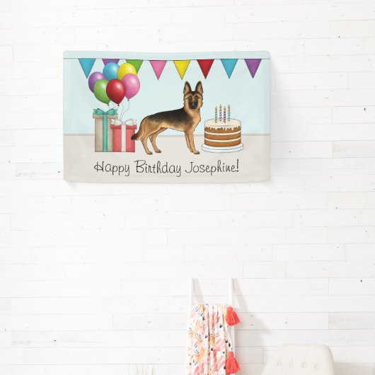 Zwart en bruin Duitse herder kleurrijke verjaardag Spandoek (Insitu)