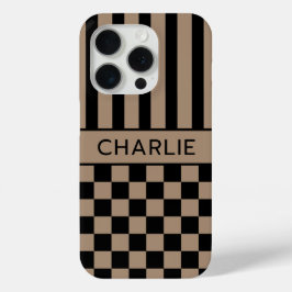 Zwart en bruin geruit gestreept gepersonaliseerd iPhone 15 pro case