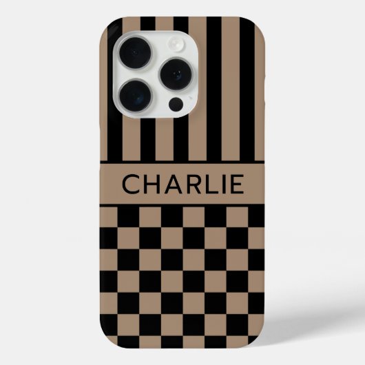 Zwart en bruin geruit gestreept gepersonaliseerd Case-Mate iPhone case (Achterkant)