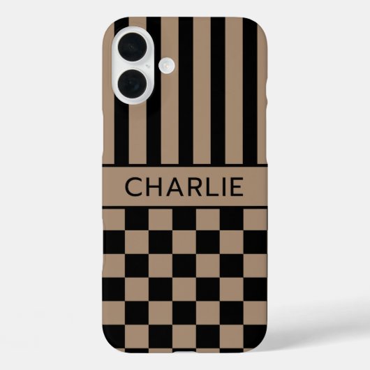 Zwart en bruin geruit gestreept gepersonaliseerd Case-Mate iPhone case (Achterkant)