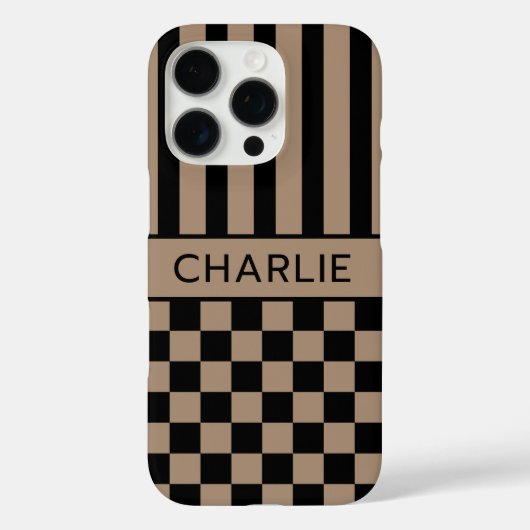 Zwart en bruin geruit gestreept gepersonaliseerd Case-Mate iPhone case (Achterkant)