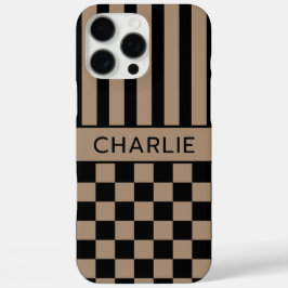 Zwart en bruin geruit gestreept gepersonaliseerd iPhone 16 pro max hoesje