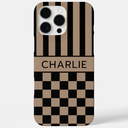 Zwart en bruin geruit gestreept gepersonaliseerd Case-Mate iPhone case (Achterkant)