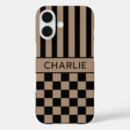 Zwart en bruin geruit gestreept gepersonaliseerd iPhone 16 hoesje