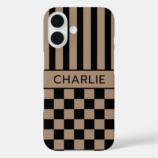 Zwart en bruin geruit gestreept gepersonaliseerd Case-Mate iPhone case (Achterkant)