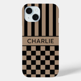 Zwart en bruin geruit gestreept gepersonaliseerd iPhone 15 case