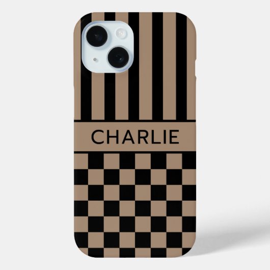 Zwart en bruin geruit gestreept gepersonaliseerd Case-Mate iPhone case (Achterkant)